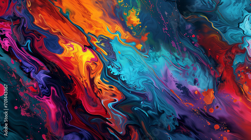 Close-up of vibrant fluid digital painting with dark, saturated colors, fractal fire background, and multicolored vector art, perfect for wallpaper