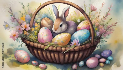 Oil painted illustration of colorful Easter eggs and bunny, natural background. Spring holiday