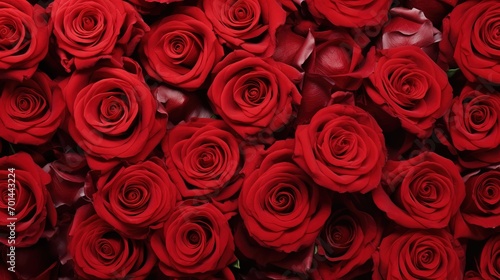 Background from bouquets of flowers. Red roses. Design. Valentine's Day. View from above. Banner. Generative Ai