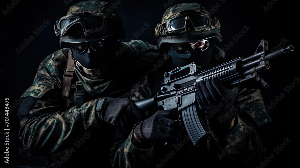 Two Army with full weaponry in black background. AI generated image