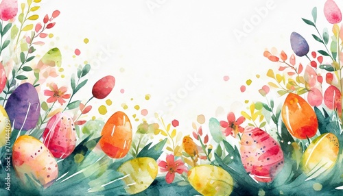Watercolor illustration of Easter eggs, spring flowers and leafy branches