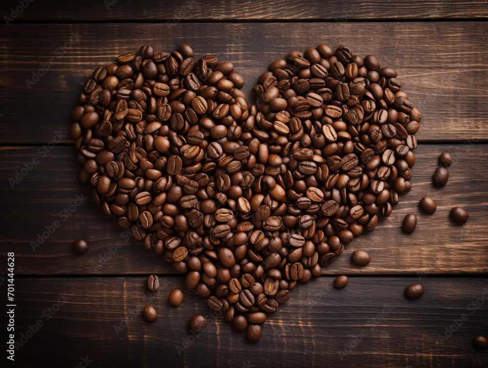 Roasted coffee beans arranged in a heart shape Roasted coffee beans arranged in a heart shape
