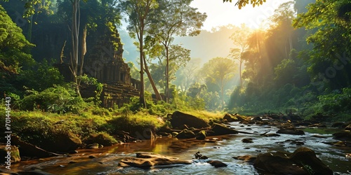 tropical rainforest river landscape, a mysterious temple in the jungle