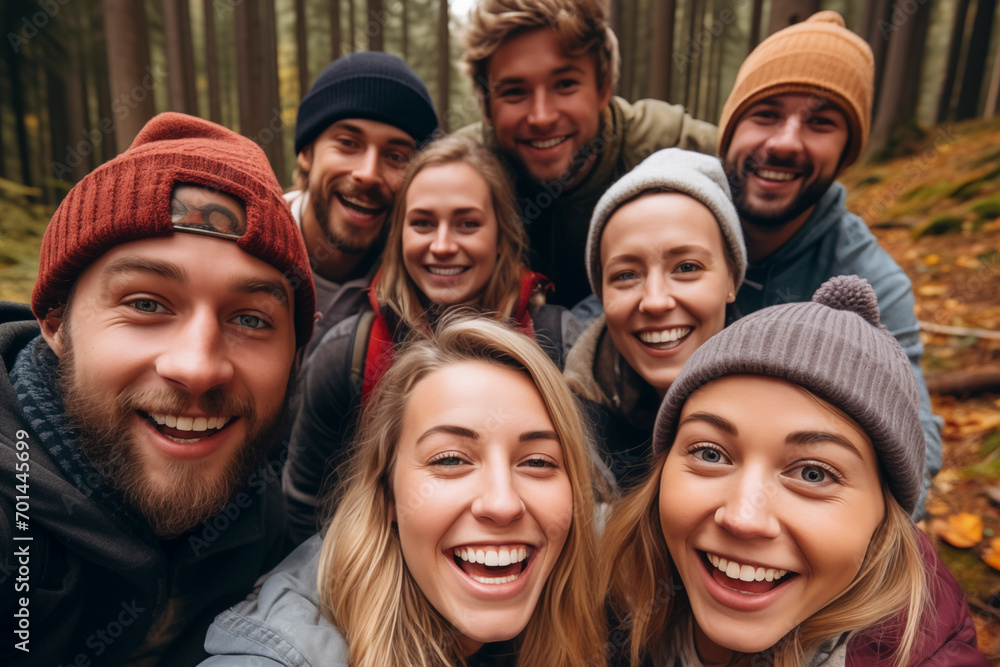 Cheerful friends taking selfies during a vacation. Group of men and women outdoors on a summer day making self portrait. Cheerful friends taking selfies during a vacation. Group of men and women outdoors on a summer day making self portrait.