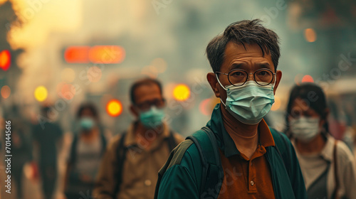 middle-aged Asian man wearing glasses and a surgical mask stands in front of a hazy, bustling street with other masked people walking by