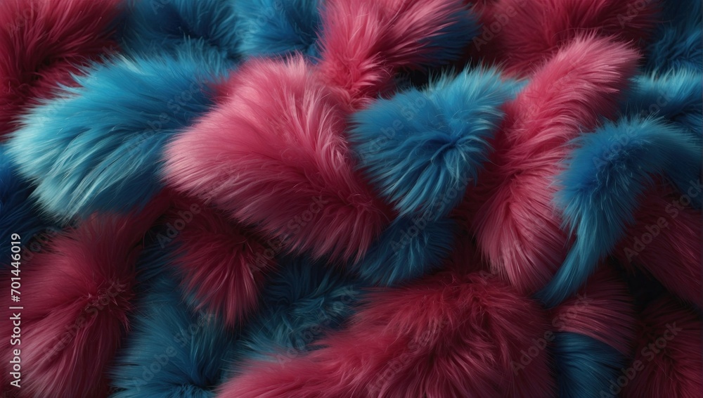 Abstract colorful fur texture with raspberry and shades of blue, high-resolution, fluffy, soft appearance, vibrant, luxurious feel, synthetic, patterned, decorative background, detailed fibers