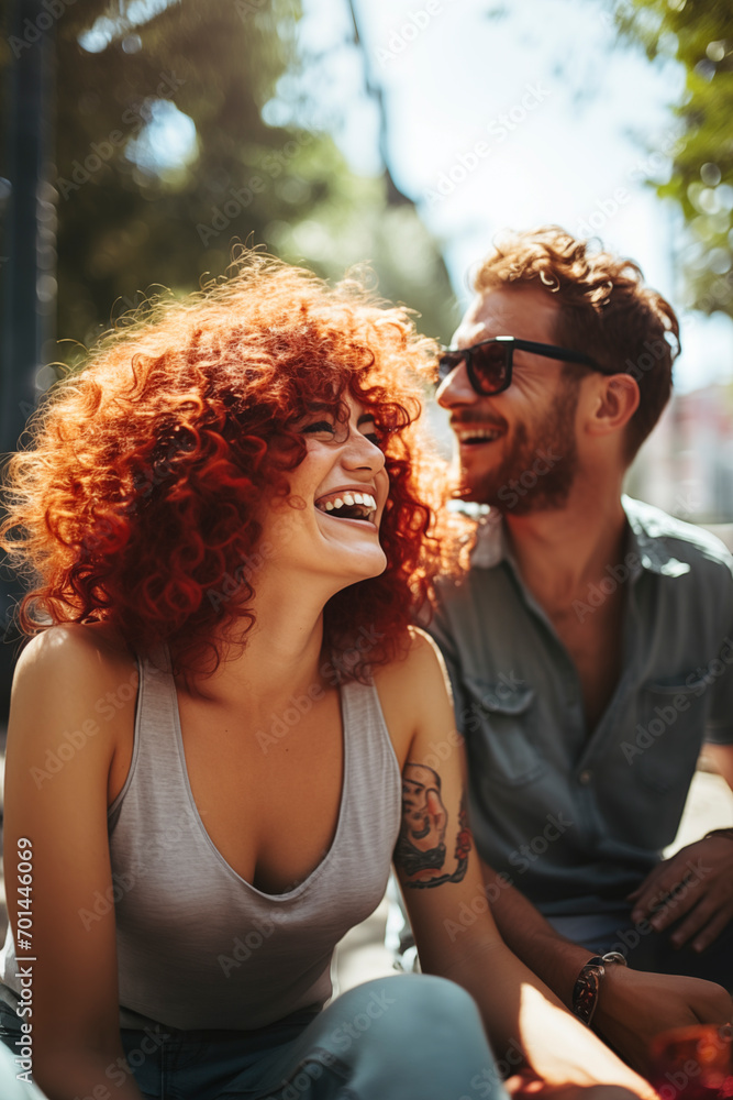 Red curly haired girl laughs sitting on a bench near attractive guy. Summer afternoon with chat and laughter Red curly haired girl laughs sitting on a bench near attractive guy. Summer afternoon with chat and laughter