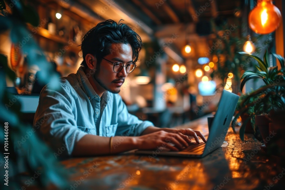 Chinese man with dark hair, in glasses working at a computer in front of a coffee shop decorated with green leaves, with copy space. Professional focused on his job. Chinese man with dark hair, in glasses working at a computer in front of a coffee shop decorated with green leaves, with copy space. Professional focused on his job.
