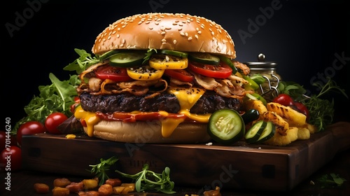 Delicious burger with pickles cheese boasting a medley of soaring ingredients and spices served hot and ready to savor. Commercial advertisement menu banner with copyspace area photo