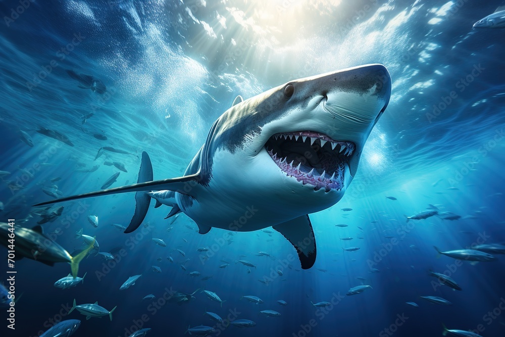 Fototapeta premium Great White Shark in blue ocean. Underwater photography. Predator hunting near water surface.