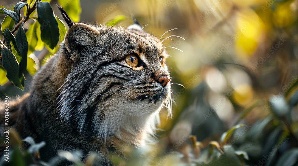 Manul cat in the wild, illustration, beautiful natural nature. Portrait of Manal. Wild cats.