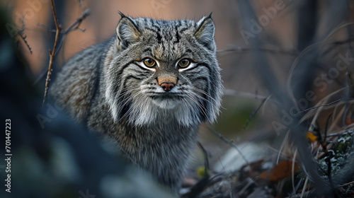 Manul cat in the wild, illustration, beautiful natural nature. Portrait of Manal. Wild cats. photo