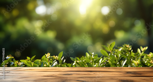 Polished wooden tabletop surrounded by fresh  vibrant green foliage.