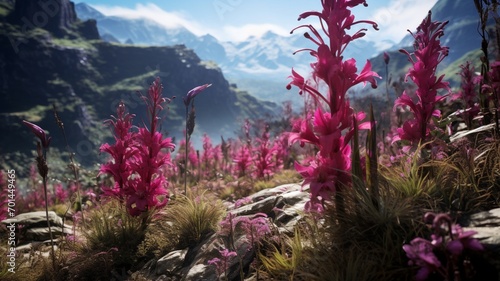 A breathtaking view of Anguloa uniflora blooms in a mountainous landscape, harmonizing with the surrounding nature  -Generative Ai photo