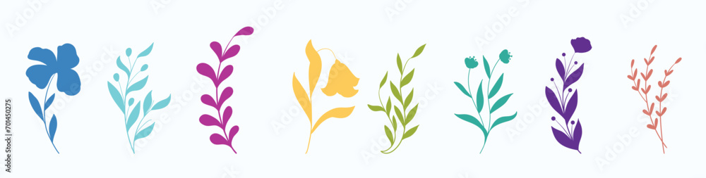 Minimal feminine botanical floral branch in silhouette style. Hand drawn wedding herb, minimalistic flowers with elegant leaves. Botanical rustic trendy greenery vector - obrazy, fototapety, plakaty 