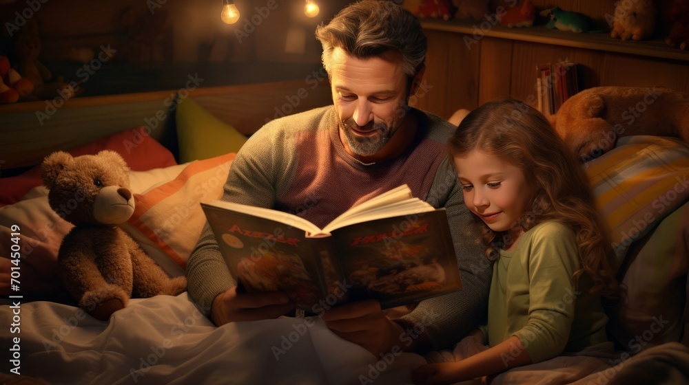 Child listens to a fairy tale that dad reads to them in the evening before going to bed. - obrazy, fototapety, plakaty 