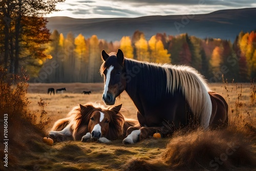 Autumnal scene outside with a lovely icelandic horse resting on a gorgeous border collie puppy dog; horse and dog concept.