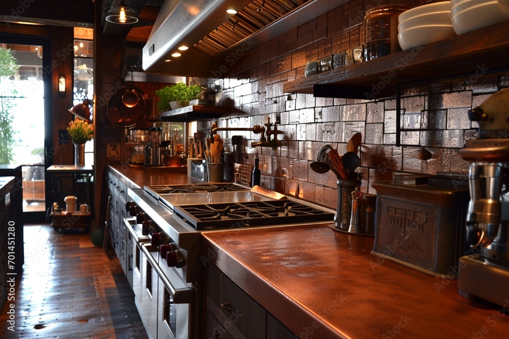 Contemporary kitchen, rustic copper countertops, steel handles, warm touch
