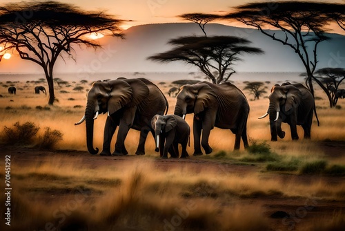 A family of elephants strolling through the dusk-filled savannah. Incredible fauna in Africa. © kharal