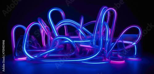 An abstract arrangement of glowing neon lights against a deep blue background.