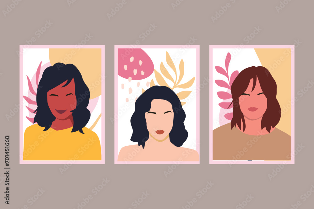 Collection of organic shapes, woman portrait, tropical leaf, vases, botanical, line art. Trendy style poster set for wall decoration, interior, wallpaper. Collection of organic shapes, woman portrait, tropical leaf, vases, botanical, line art. Trendy style poster set for wall decoration, interior, wallpaper.