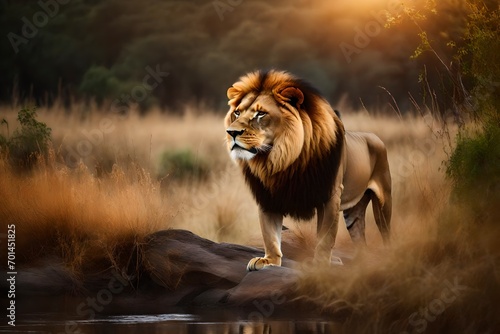  A captivating depiction of 'Wildlife Photography,' showcasing a majestic lion in its natural habitat, illuminated by perfect lighting that accentuates its regal stance and untamed beauty 