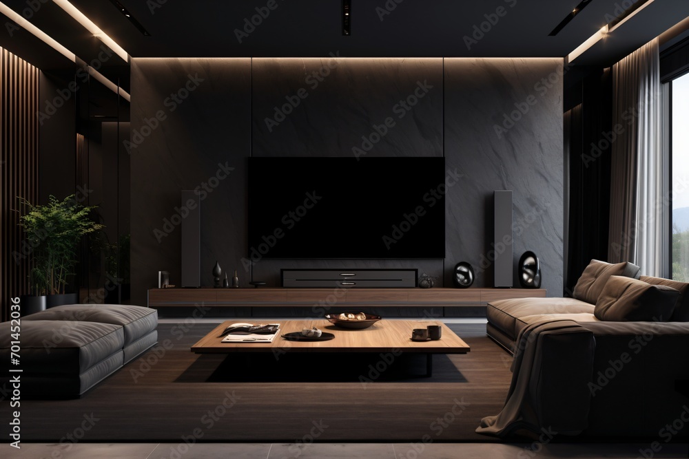 Living room of a luxury apartment with dark interior design Living room of a luxury apartment with dark interior design