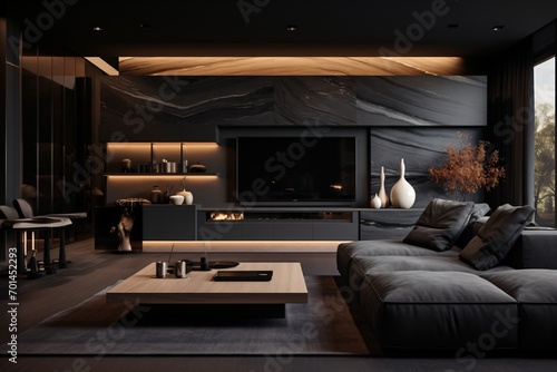 A beautiful and luxurious living room design with black interiors © Tarun