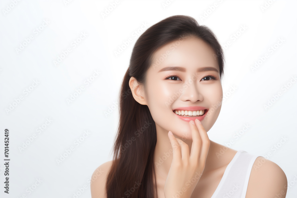 A photo portrait of a beautiful asian woman over 30 years old, smiling with clean teeth, perfect teeth. To advertise dentistry. Highlighted on a white background, copy space A photo portrait of a beautiful asian woman over 30 years old, smiling with clean teeth, perfect teeth. To advertise dentistry. Highlighted on a white background, copy space
