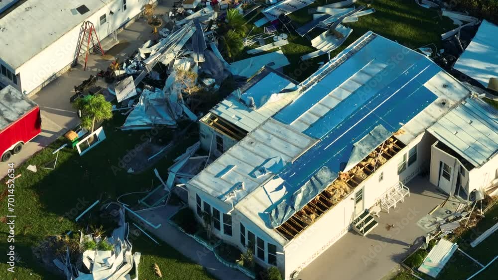 Hurricane Ian destroyed mobile house in Florida residential area. Natural disaster and its consequences