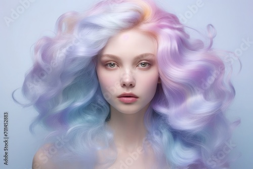 Girl with blue hair  abstract background of soft transitions between lavender sky blue and mint green color