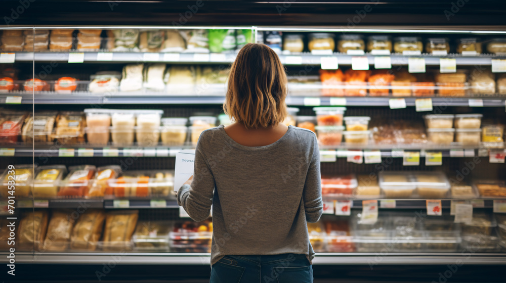 Rear view of woman looking at jars with preserved vegetables in supermarket