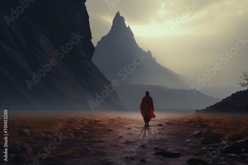 A lonely person walking alone on a planet