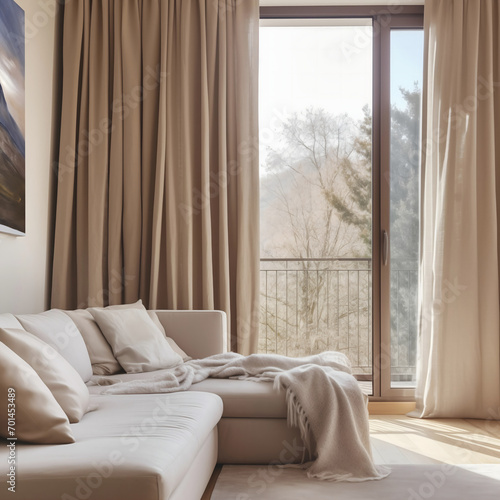 cozy nude beige modern living room  with sofa window and curtains, no people © MariaY