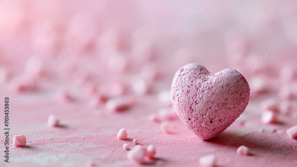 Fototapeta premium Two red hearts on pink background. Two heart-shaped object is located to the side, there is space for text.