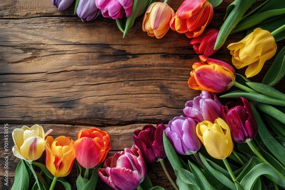 Colorful tulips on a wooden board.