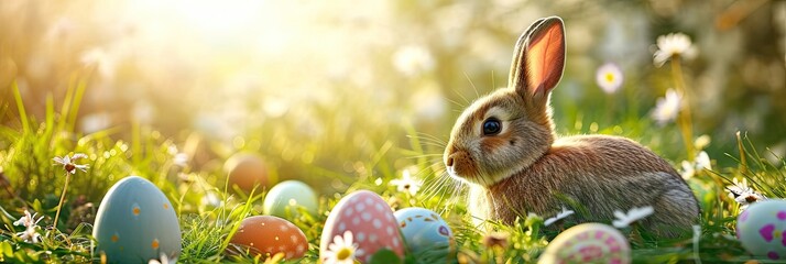 Easter bunny in the grass with Easter eggs on a sunny spring day.