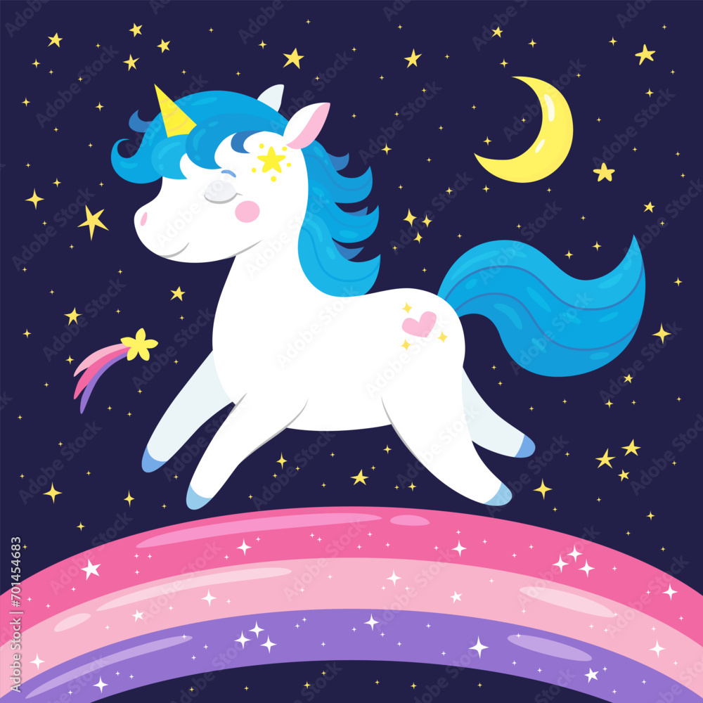 custom made wallpaper toronto digitalCute little unicorn running on the rainbow on the background of the night sky with crescent and stars. Dreamy fantasy character in hand-drawn cartoon style. Vector illustration for greeting card