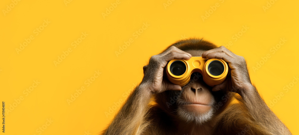 A cheerful monkey looks through binoculars on a yellow background. Banner, copyspace - obrazy, fototapety, plakaty 