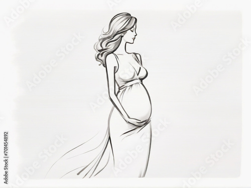 girl in a dress, Doodle sketch of pregnant woman, simple draw. lines cartoon hand drawn illustration , black and white minimalism. AI generated photo
