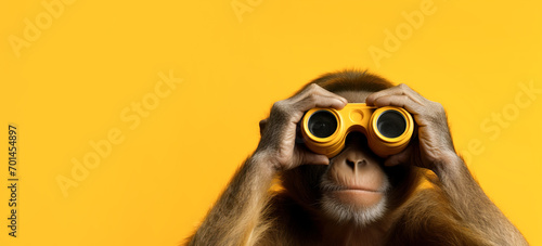 A cheerful monkey looks through binoculars on a yellow background. Banner, copyspace photo