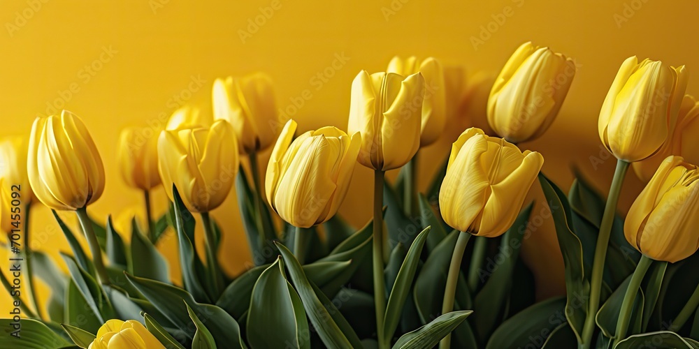 Naklejka premium Yellow tulips in front of a yellow background.