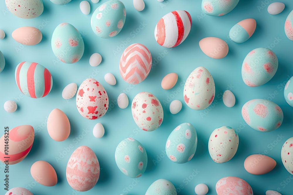Colorful hand painted Easter eggs on a blue background. Happy Easter!