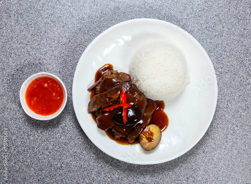 Braised Pork Trotter with Rice served in dish isolated on grey background top view of hong kong food