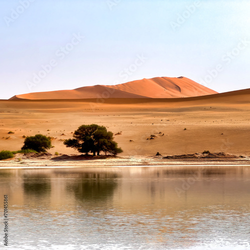 Sossusvlei, Namibia - August 24, 2022: A serene oasis in the desert, with a calm body of water reflecting the clear sky, nestled at the foot of the towering Big Mamma Dune.