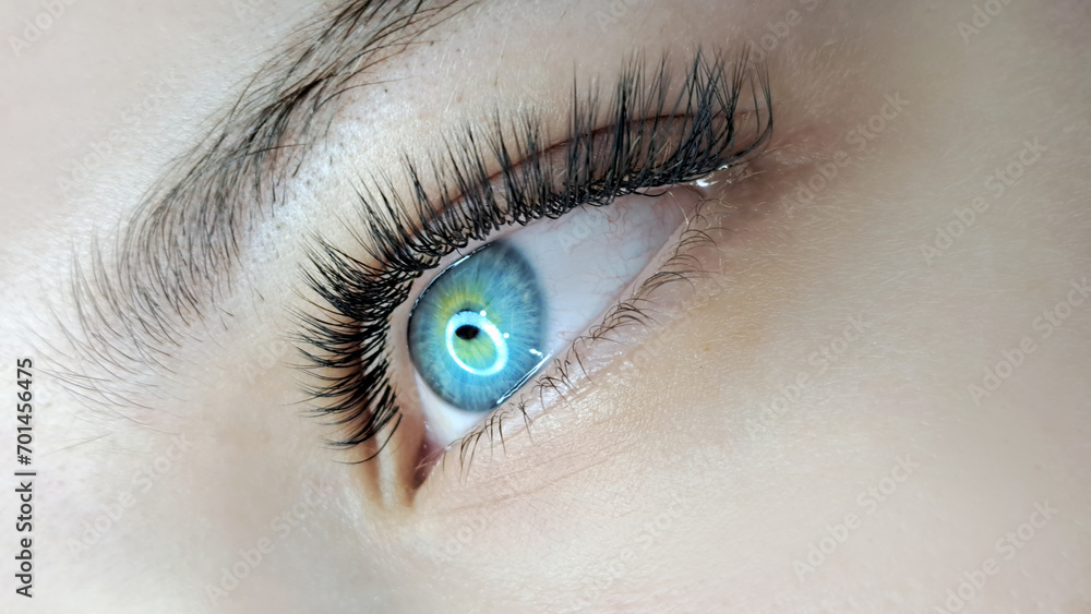 Close up of eye with eyelash extensions ,beauty salon treatment