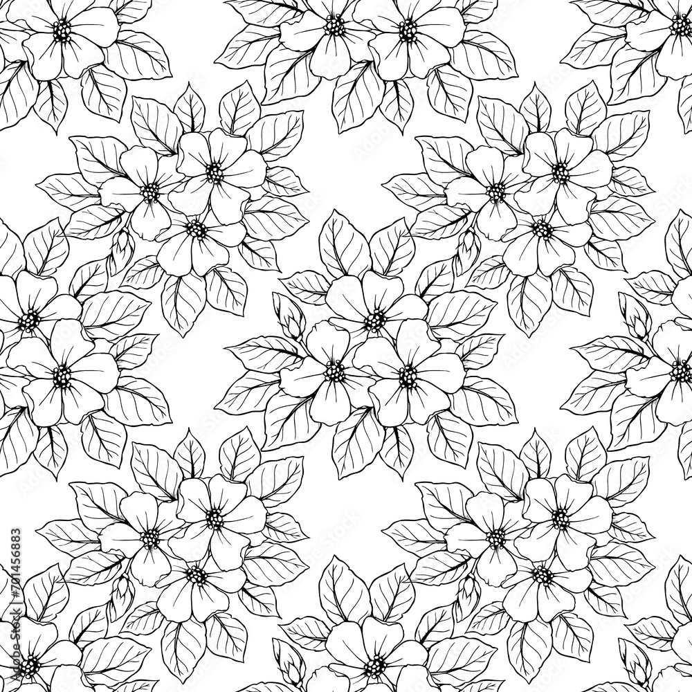 Fototapeta premium seamless contour pattern of large black flowers on a white background, texture, design