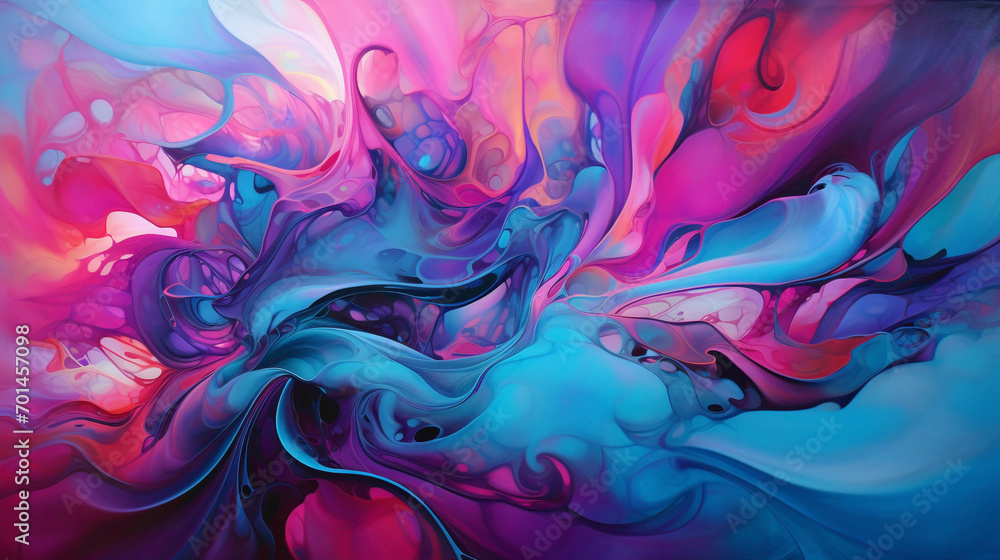 Explosive swirls of magenta and turquoise colliding, giving birth to a dynamic and vivid fluid masterpiece.