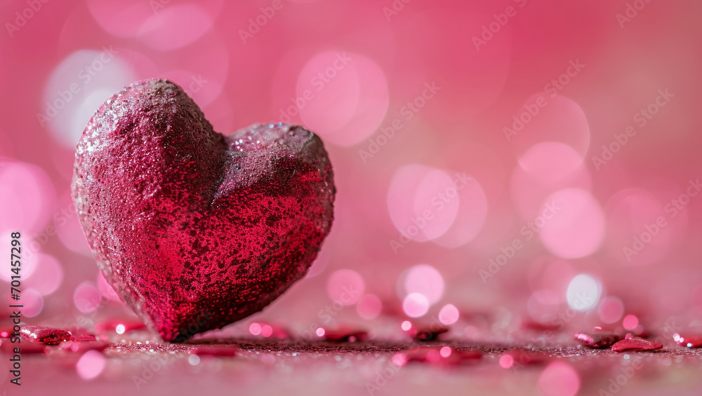 Fototapeta premium Red heart on pink background. One heart-shaped object is located to the side, there is space for text.