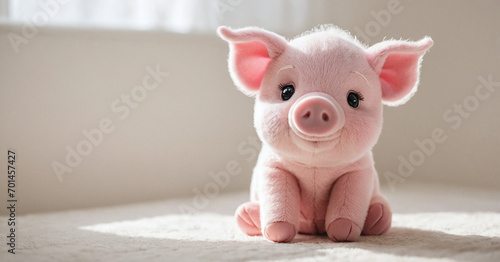 Adorable Plush Pig Toy Sitting in Soft Natural Light on a Cozy Indoor Background photo